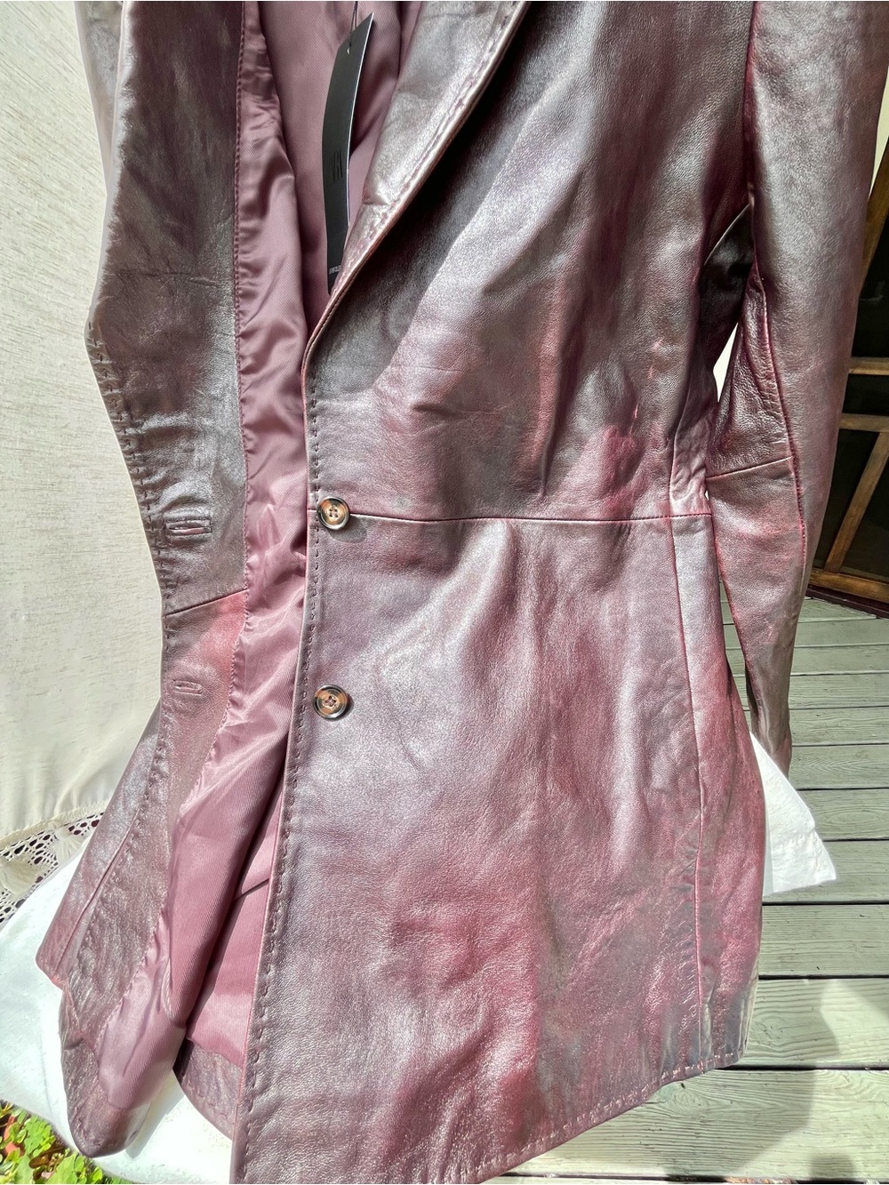 Zara 100% Leather Topstitching Coat Jacket Long Sleeves Button Up Lapel Collar - Picture 14 of 16